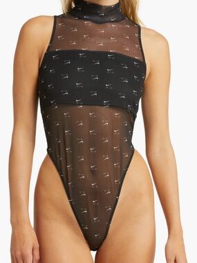 Nike Black Sheer Logo High-Cut Mesh One-Piece